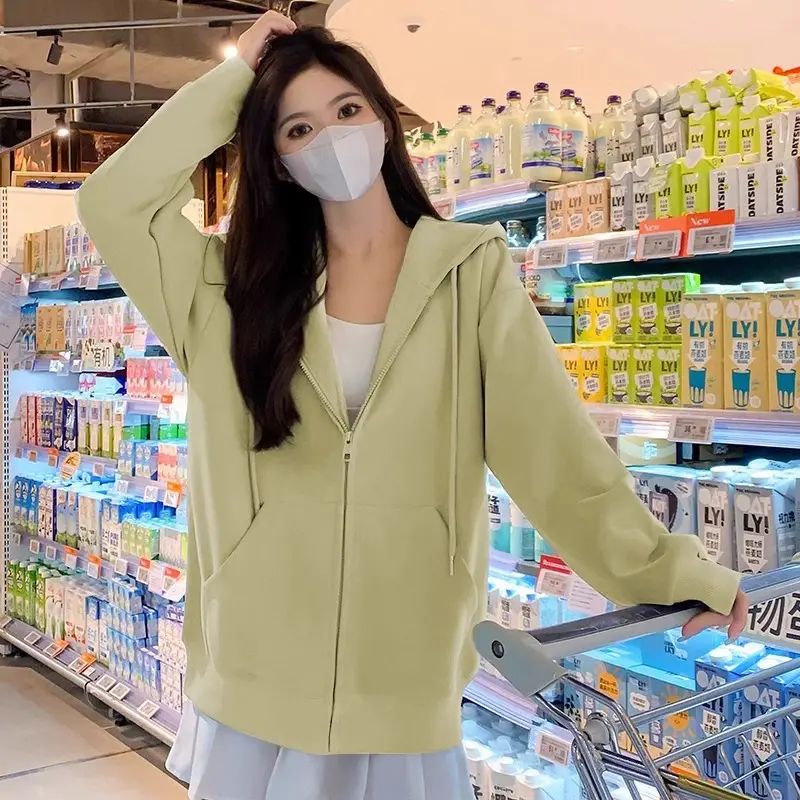 连帽卫衣外套女春秋季2025新款宽松遮肉显瘦浅灰色小个子运动开衫