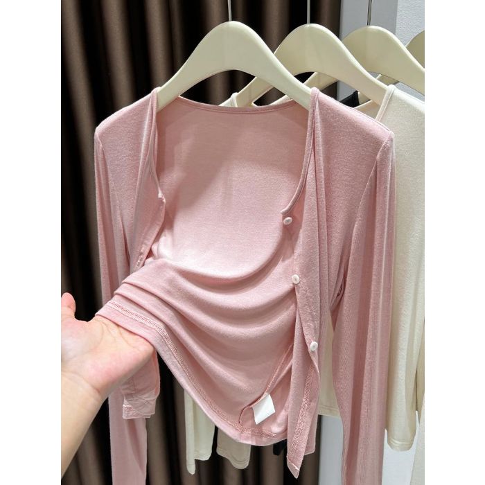 【原版面料，三标齐全】针织开衫夏季披肩冰丝防晒薄款外套-柔粉 L