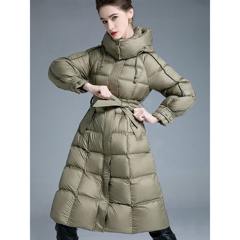 欧货2025冬季新款羽绒服女长款气质系带连帽收腰白鸭绒外套