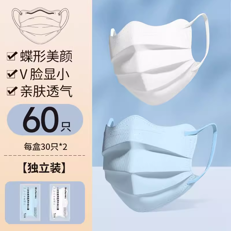 高顏值蝶形口罩 獨立包裝 不勒耳 外科醫療級 秋冬必備- 高顏值組合【白月光+天空藍】60隻獨立裝 均碼