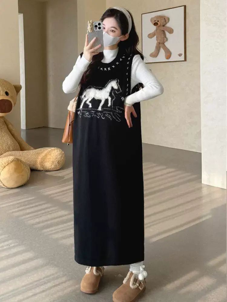 2025秋冬韓版提花冷衫背心裙長袖打底衣孕婦套裝孕婦裝冬裝過年