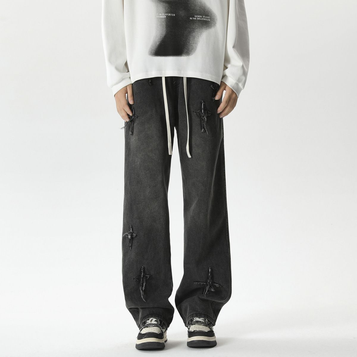 男装美式高街刺绣抽绳牛仔裤男潮牌痞帅宽松直筒休闲长裤子