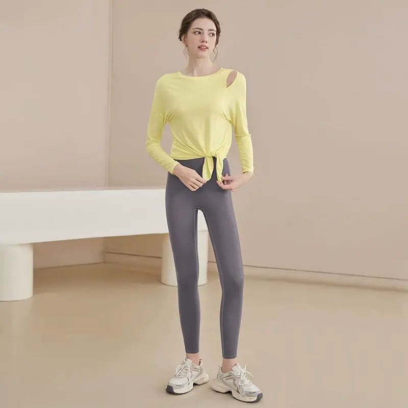 瑜伽服女長袖2025新款上衣寬鬆顯瘦跑步健身普拉提運動罩衫訓練服-黃色罩衫+灰紫色褲子 S-款式6