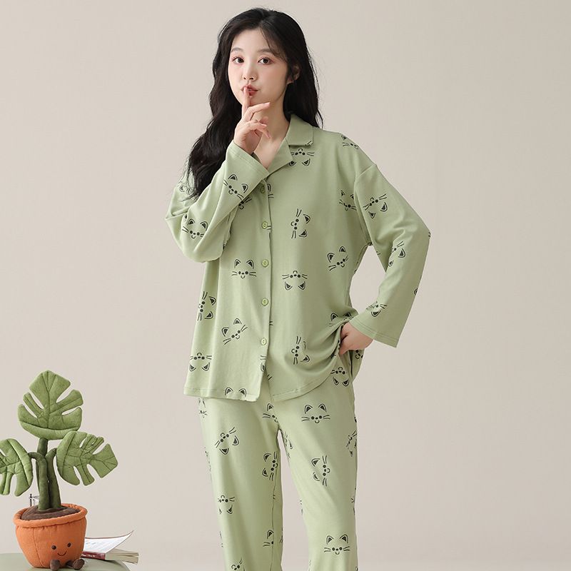 純棉睡衣 女翻領開衫 秋冬季家居服 春秋套裝 可外穿（快遞送貨上門）（平行進口）