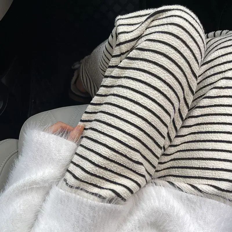 条纹直筒阔腿裤女秋冬宽松垂感慵懒风毛巾休闲裤女加绒裤子女款秋