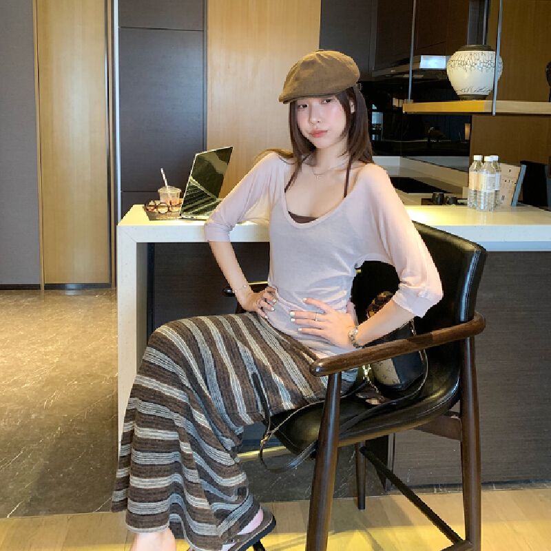 實拍圖法式兩件套掛脖防曬罩衫五分袖T恤女2026新款超火減齡上衣-卡其色 S