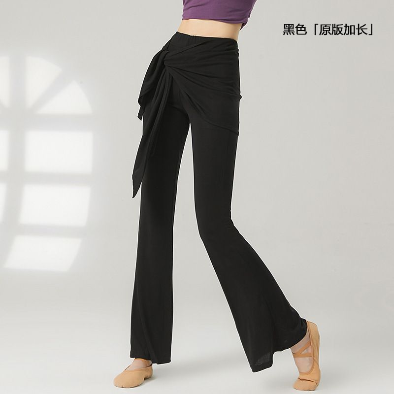 高腰假兩件瑜伽褲女 微喇叭褲 拉丁舞長褲 包臀修身 國風舞蹈褲- 黑色【原版加長】 S
