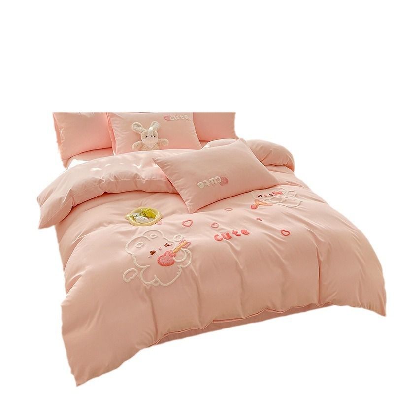 超柔毛巾繡床品套裝|可機洗|水洗棉|快樂夥伴系列-5尺床|2枕袋+床笠+被袋 淺玉