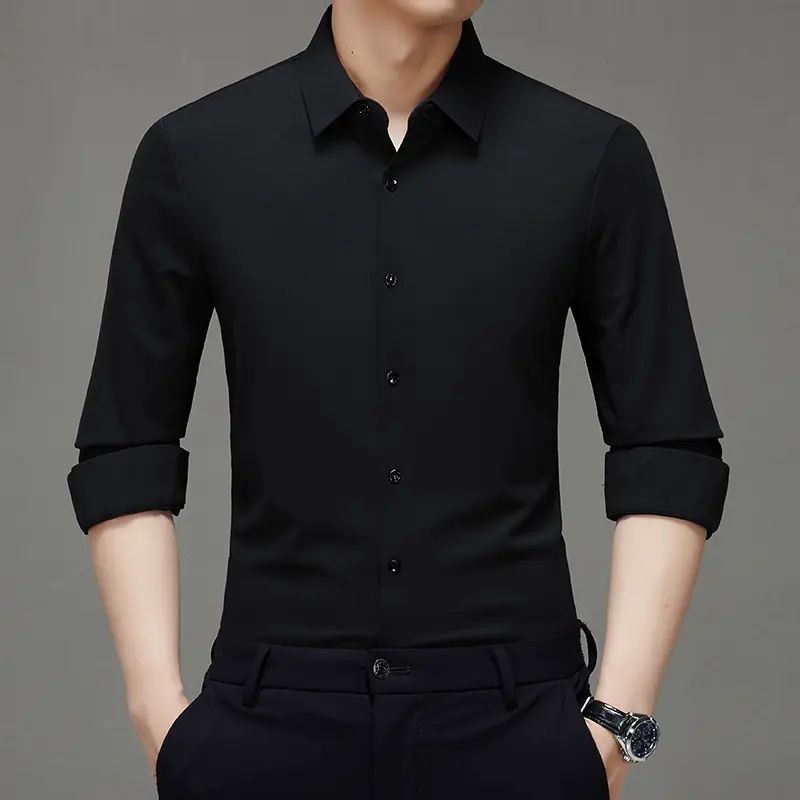 秋季新品男士长袖衬衫商务休闲纯色翻领衬衣亲肤透气抗皱上衣