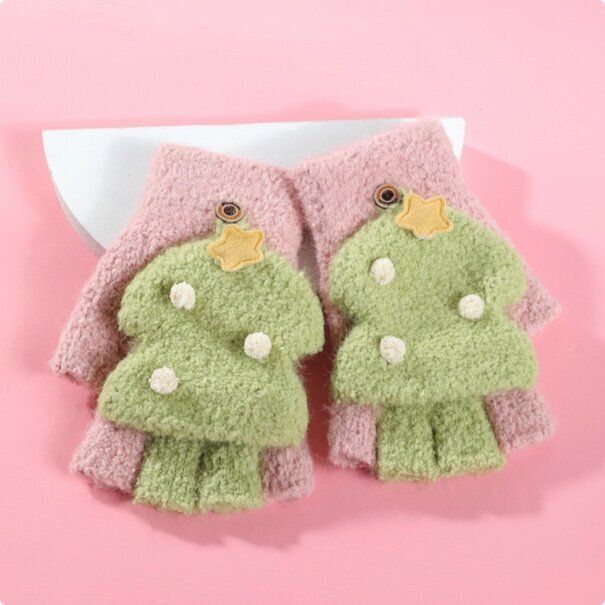 翻蓋毛絨半指手套(建議年齡：6-12歲  DRST28;粉色)