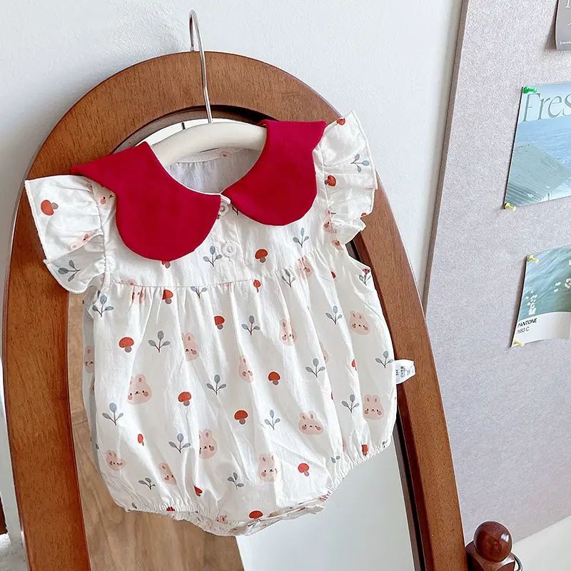 童裝衣服夏季公主哈衣女寶寶蝴蝶碎花領包屁衣夏裝薄款飛袖#1318#