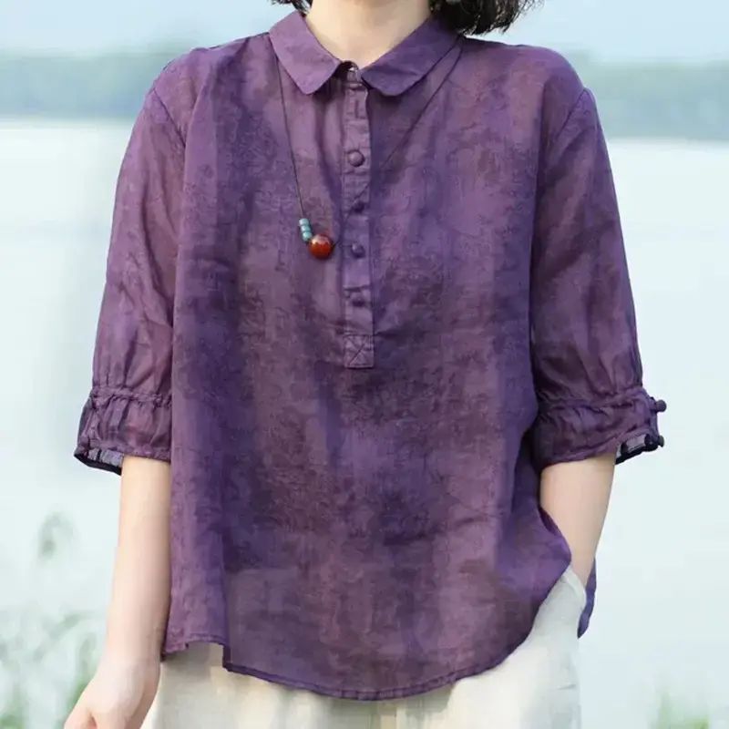 文艺印花复古中袖衬衫女夏季新款百搭衬衣宽松休闲Polo领上衣