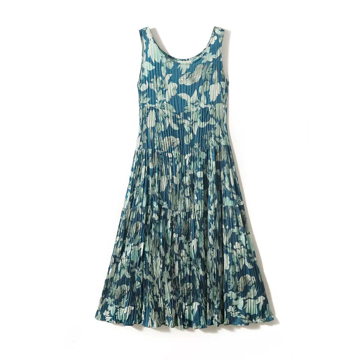   Xiaohan Pavilion Poetic printed round collar sleeveless pleated texture dress 2026 summer QZ Gree