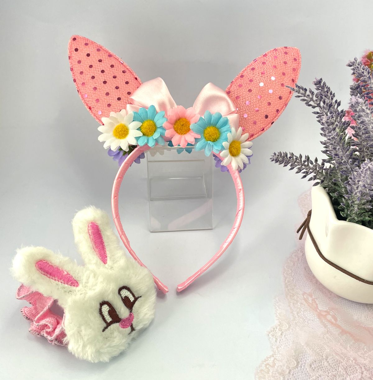 兔耳貼亮點頭箍 + 繡球兔頭髮圈 - 時尚/節日/派對 (2件裝)