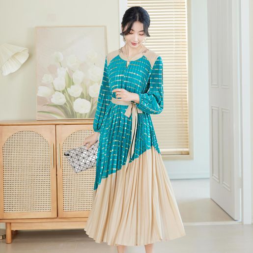 Other Brands | High-end elegant dress spring new French dress fashion  women's fat mm large pleated dress | Color : Blue | Size : L | HKTVmall The  Largest HK Shopping Platform