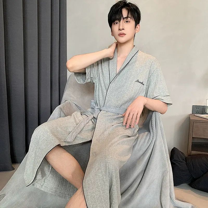2025年短袖睡袍男士夏季薄款棉質休閒寬鬆酒店浴袍青年家居服
