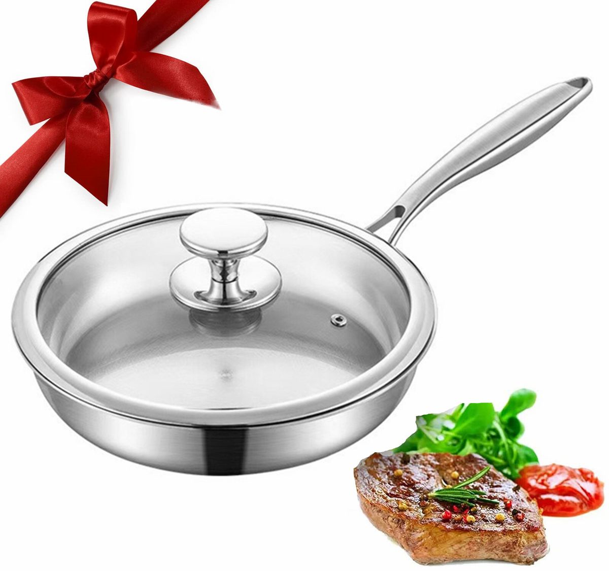 不锈钢煎锅带盖，适用于所有炉灶，不粘锅，可用于煎牛排和煎蛋 无涂层平底锅