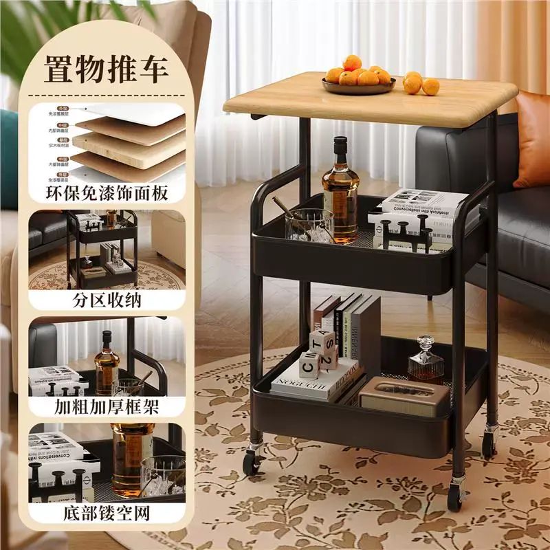 可移动小推车中古风沙发边几桌子客厅带轮茶几卧室床边零食置物架