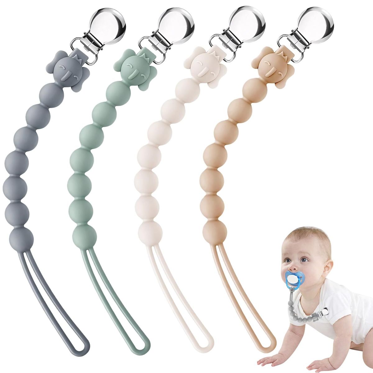 【4 件装】男孩女孩奶嘴夹 -  奶嘴夹、4 条奶嘴带、食品级矽胶奶嘴链 牢固奶嘴防掉链 防丢失 安全夹 卫生柔软 宝宝婴儿小朋友BB用