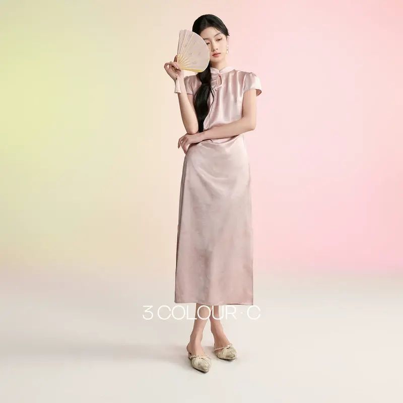 三彩小櫻花2026夏季新款緞面企領新中式連身裙收腰A字長裙女C-淺粉 155/80A/S