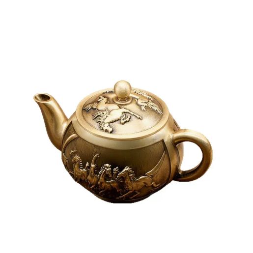 內地直送| 純黃銅茶壺龍鳳壺百福仿古拉絲茶水壺家居裝飾品古玩收藏做舊