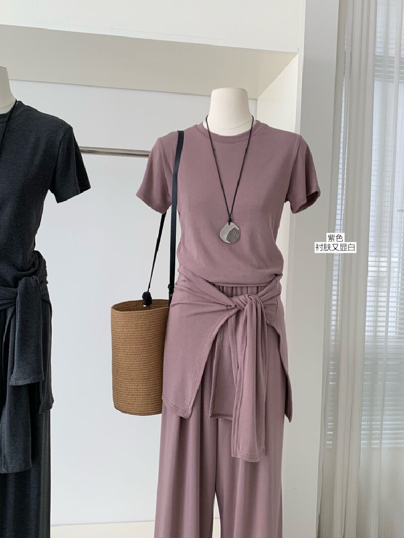 DAONE casual laxism  lazy round collar T-shirt  wide-leg pants  shawl  three-piece knitted ca-Purpl