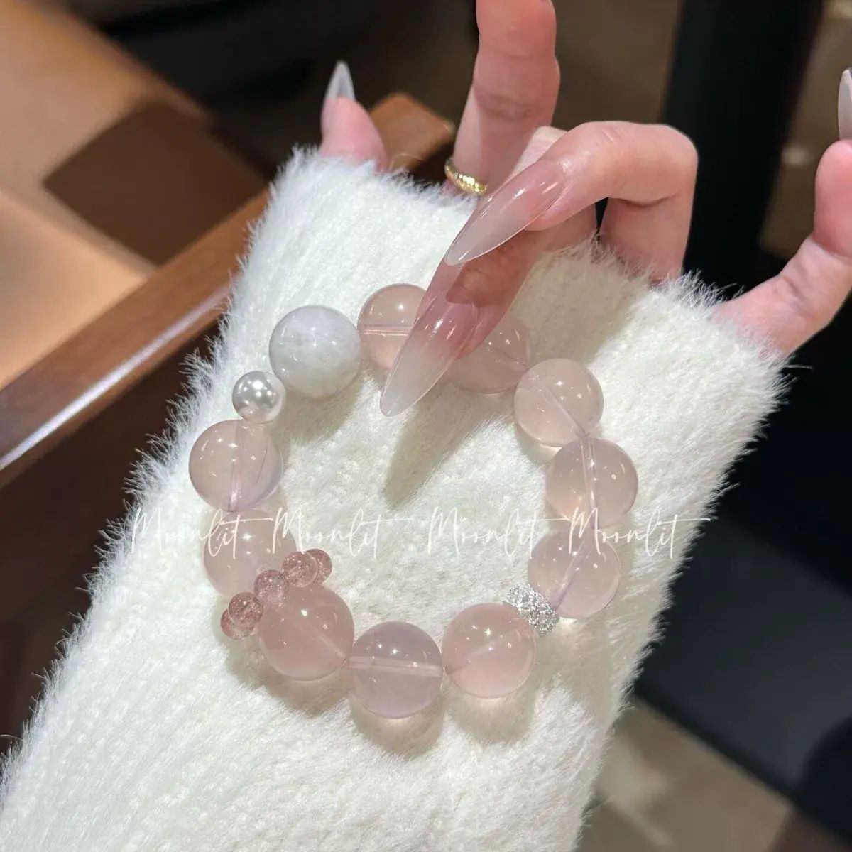 原創天然星光粉水晶手鍊搭配雪花幽靈手鍊送女友禮物小眾首飾批發