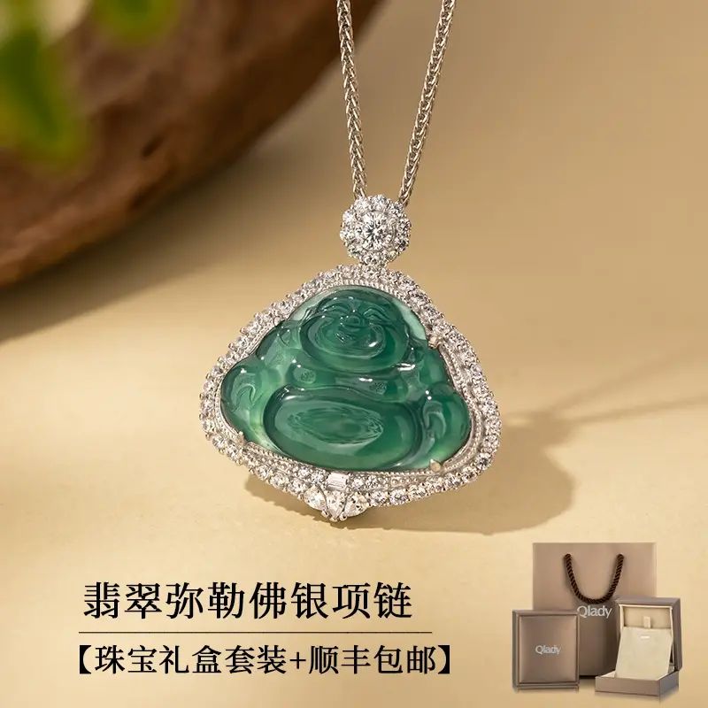 藍水翡翠彌勒佛公銀項鍊女款2025新款吊墜飾品首飾銀飾送媽媽禮物