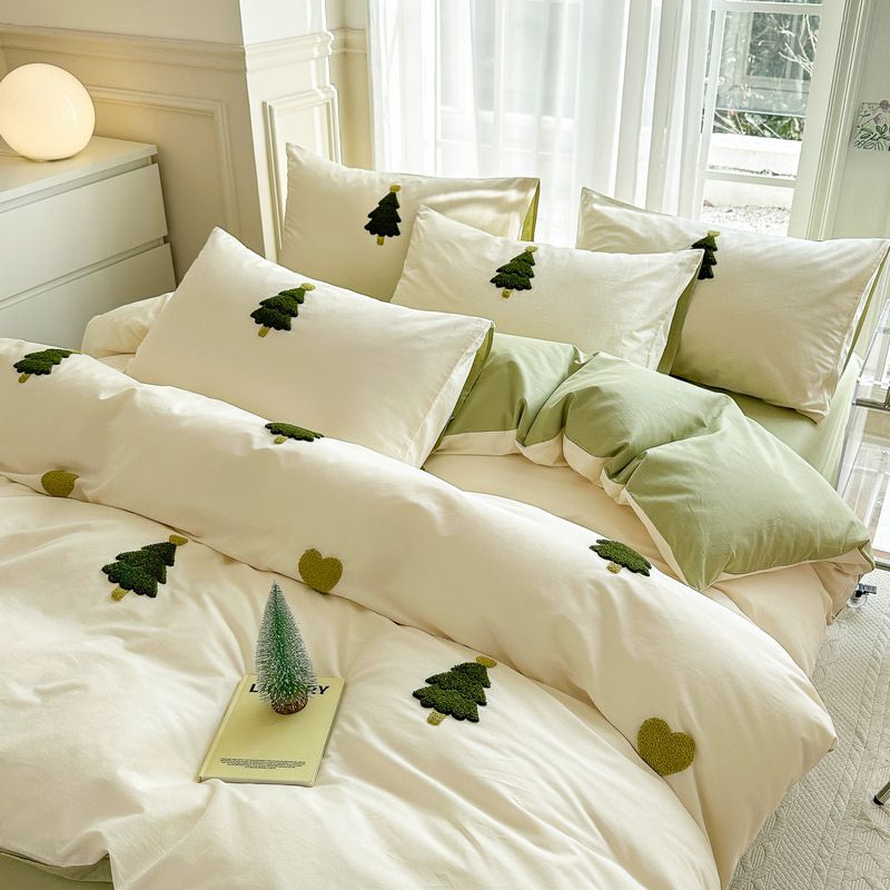 純棉床品套裝|可機洗|長絨棉|四季款簡約輕奢毛巾繡|心願樹系列 -5尺床|2枕袋+床笠+被袋