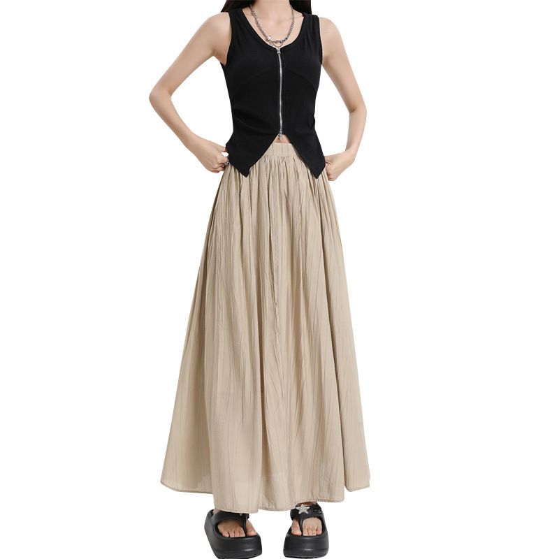 女装夏季薄款褶皱半身裙高腰遮胯飘逸长款半身裙女气质a字裙