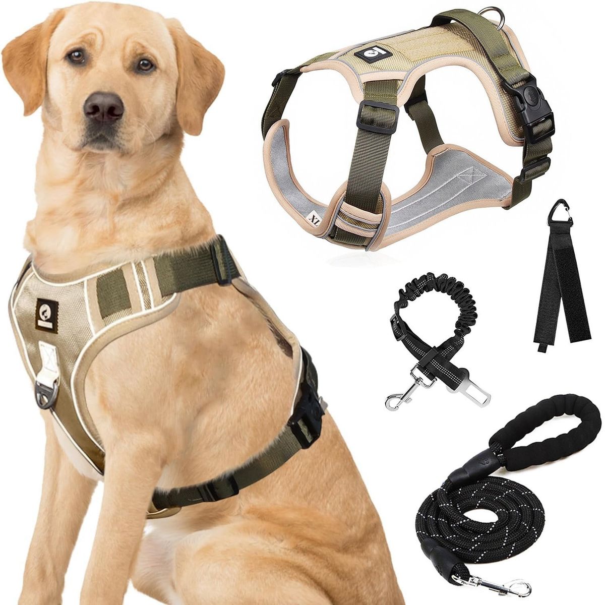 VADUMA 超大号狗胸背带，含2米狗绳，汽车狗安全带，储物带，散步、旅行、训练用狗背带 (卡其色, XL)