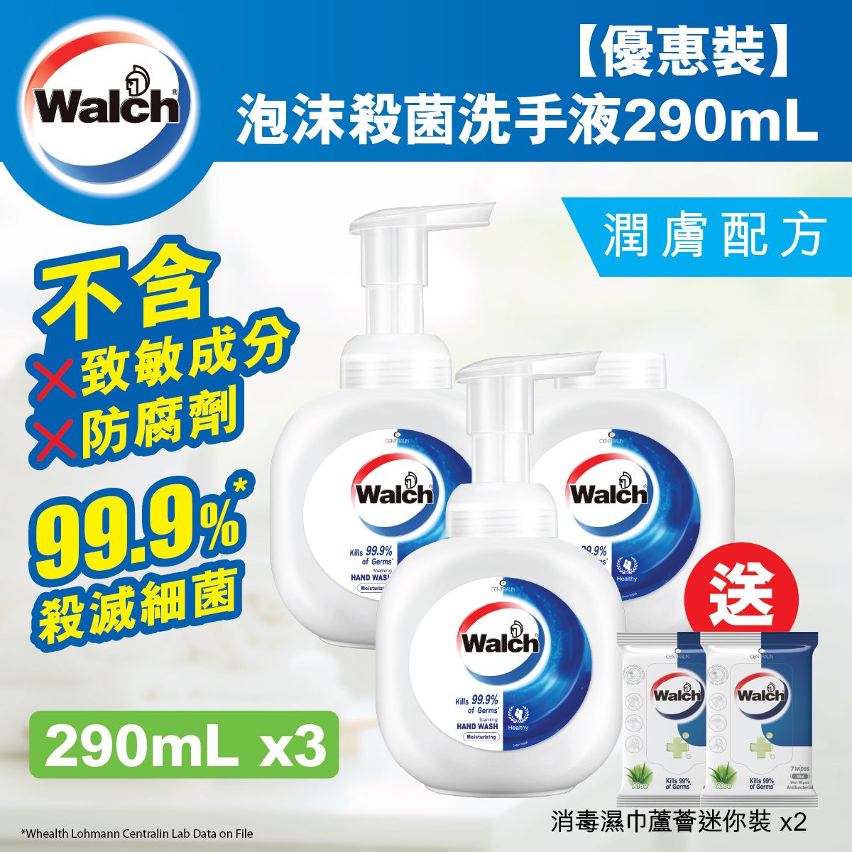 泡沫殺菌洗手液潤膚配方290ml*2+補充裝290ml+消毒濕巾蘆薈迷你裝7片*2(新舊包裝 / 贈品隨機發放) 