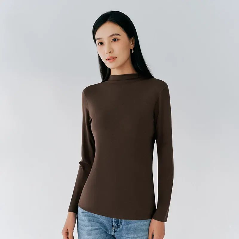 三槍女裝圓領打底衫 華絨莫代爾顯瘦修身 內搭外穿時尚磨毛上衣- 深咖 M