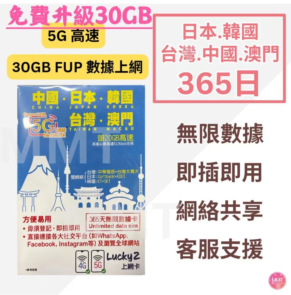 日本/韓國/台灣/中國內地/大陸/ 澳門【365日 30GB FUP】5G/4G Lucky Sim 多國通 極高速 無限數據卡 上網卡 電話卡 旅行電話咭 Data Sim咭(可連接各大社交平台)