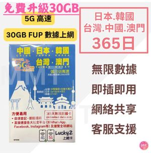 Softbank - 日本/韓國/台灣/中國內地/大陸/ 澳門【365日 30GB FUP】5G/4G Lucky Sim 多國通 極高速 無限數據卡 上網卡 電話卡 旅行電話咭 Data Sim咭(可連接各大社交平台)