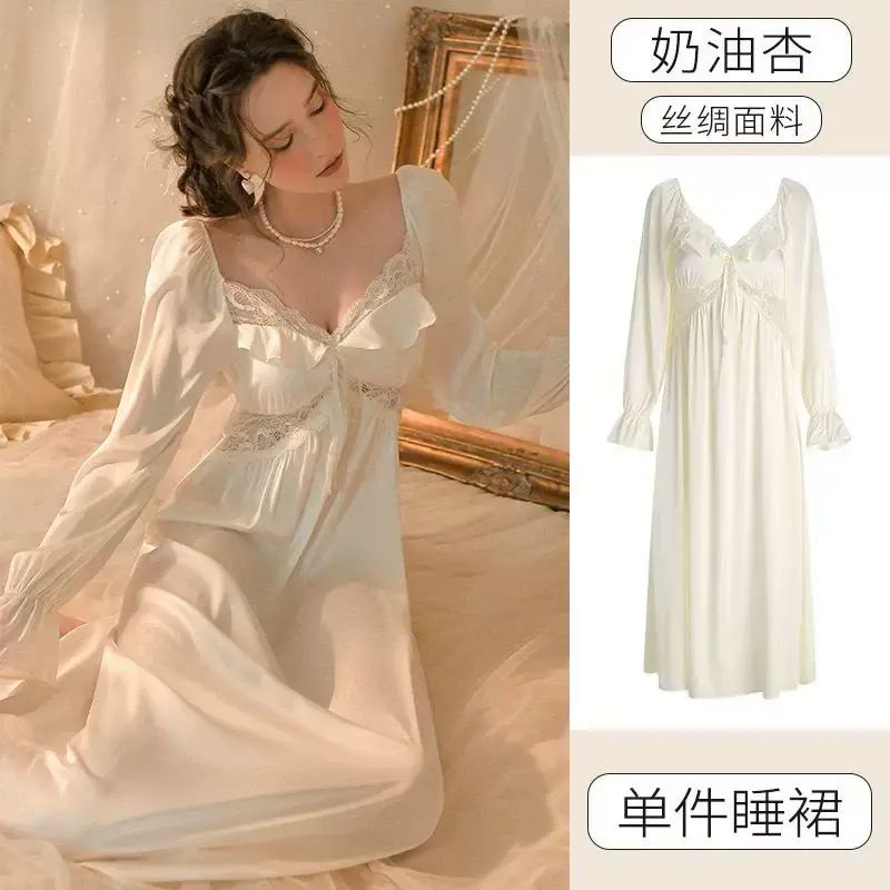 Sexy French palace ice silk sling, sweet pajamas, breast pads, lace long-sleeved princess home clot