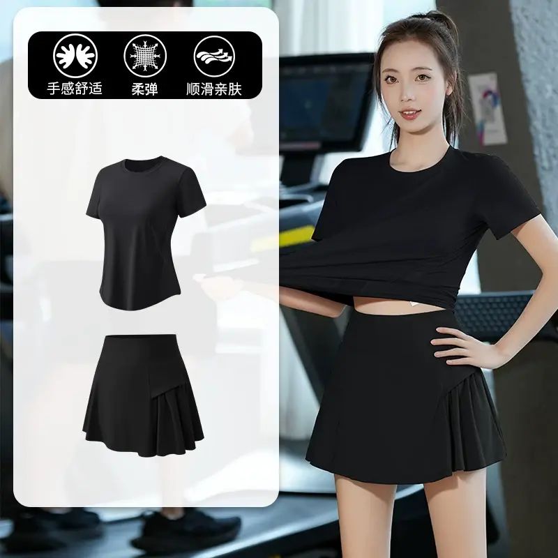 夏季高彈速乾衣健身套裝女羽毛球訓練寬鬆瑜伽服網球裙速乾衣短袖-黑色兩件套（黑裙褲） M-款式16
