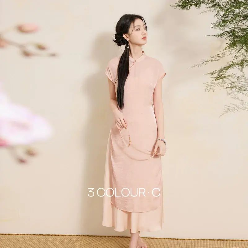 三彩茶香裊裊2026夏季新款中式改良旗袍裙兩件套連身裙長裙C-煙粉色 155/80A/S