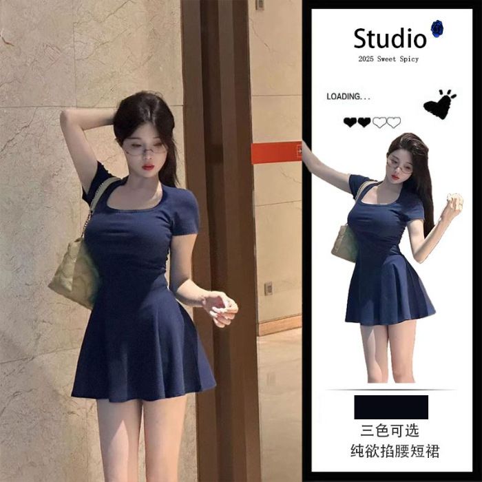 小個子A字短裙 夏季韓版純欲風 收腰顯瘦連衣裙 女裝- 藏青 S