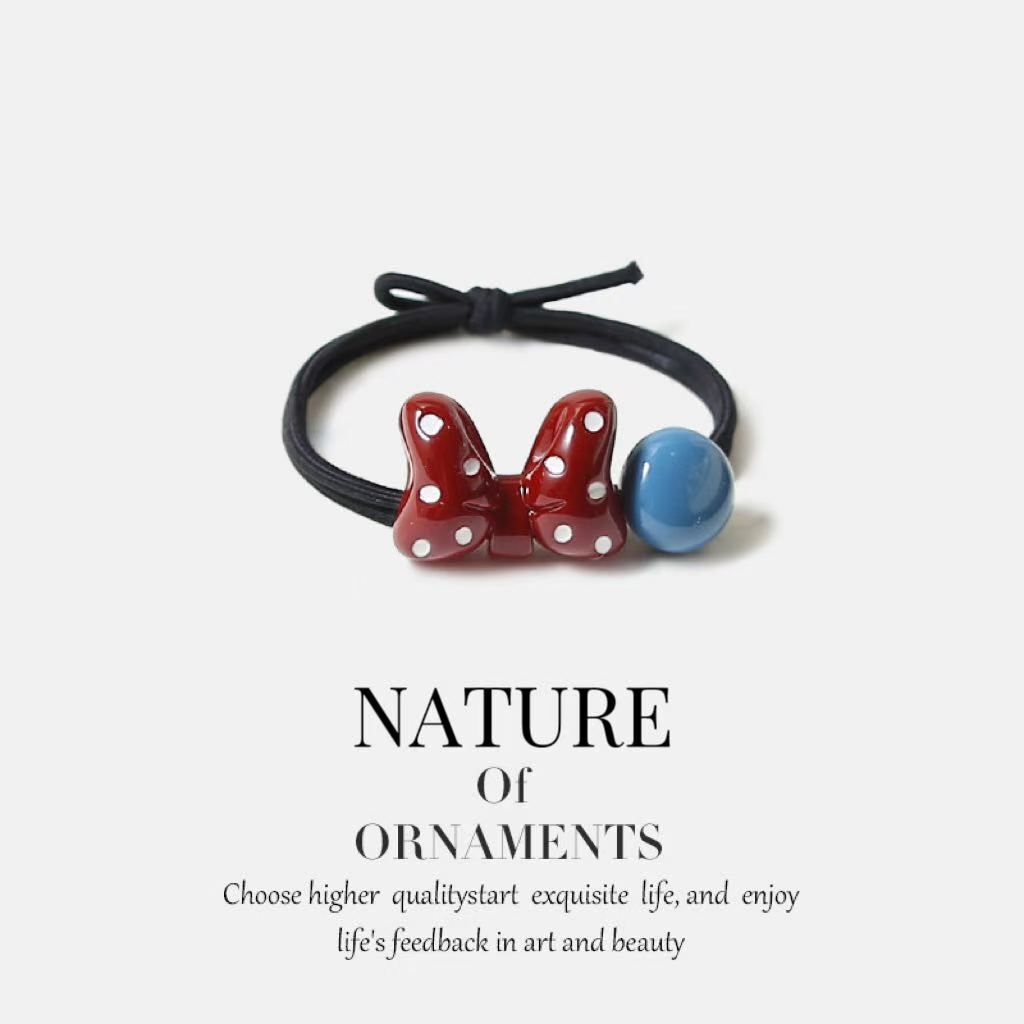 Wine red polka dot bow headband | Girl's cute styling rubber band | Cute contrasting blue round bead