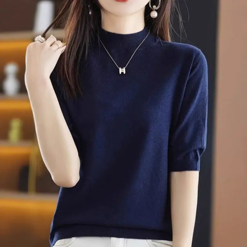 半高领薄款针织毛衫2025夏季短袖t恤女半袖打底衫毛衣内休闲百搭
