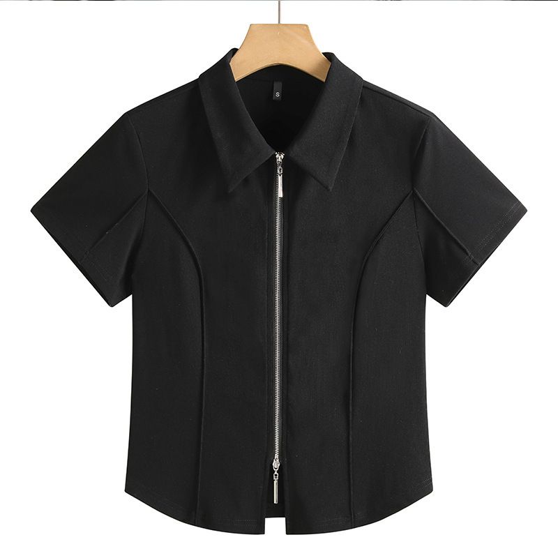 拉链翻领开衫棉质女装上衣韩版修身短款小个子女装休闲短袖T恤衫