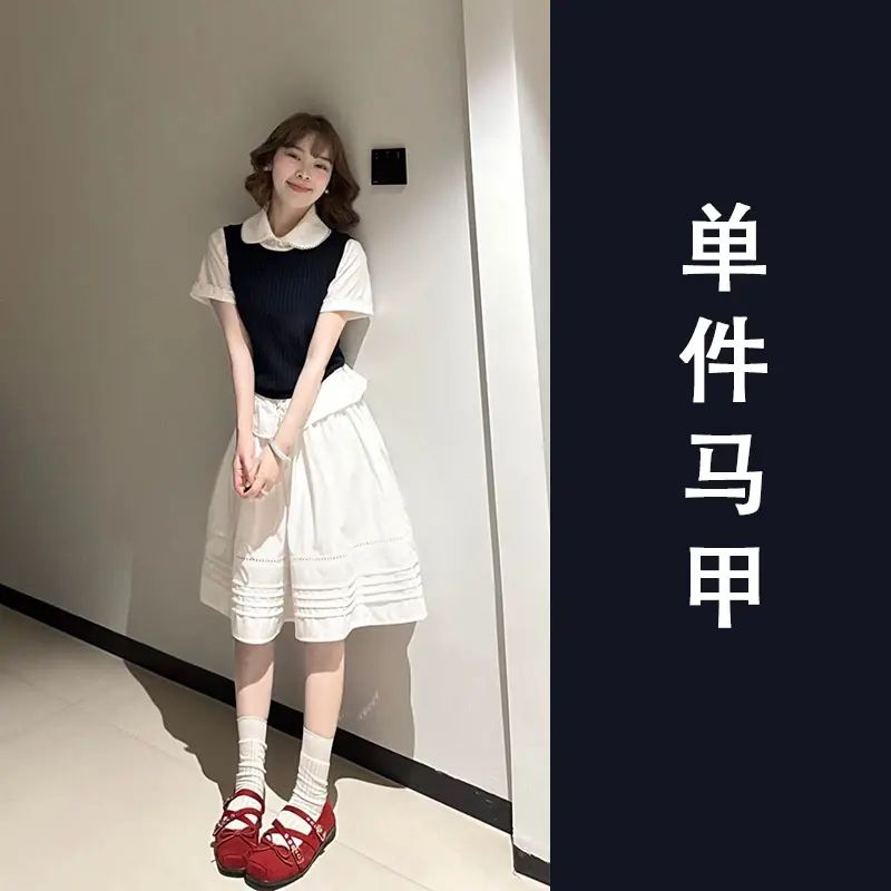 今年流行的女裝套裝女夏季法式學院風減齡背心恤衫半截裙子套裝裙-馬甲 S