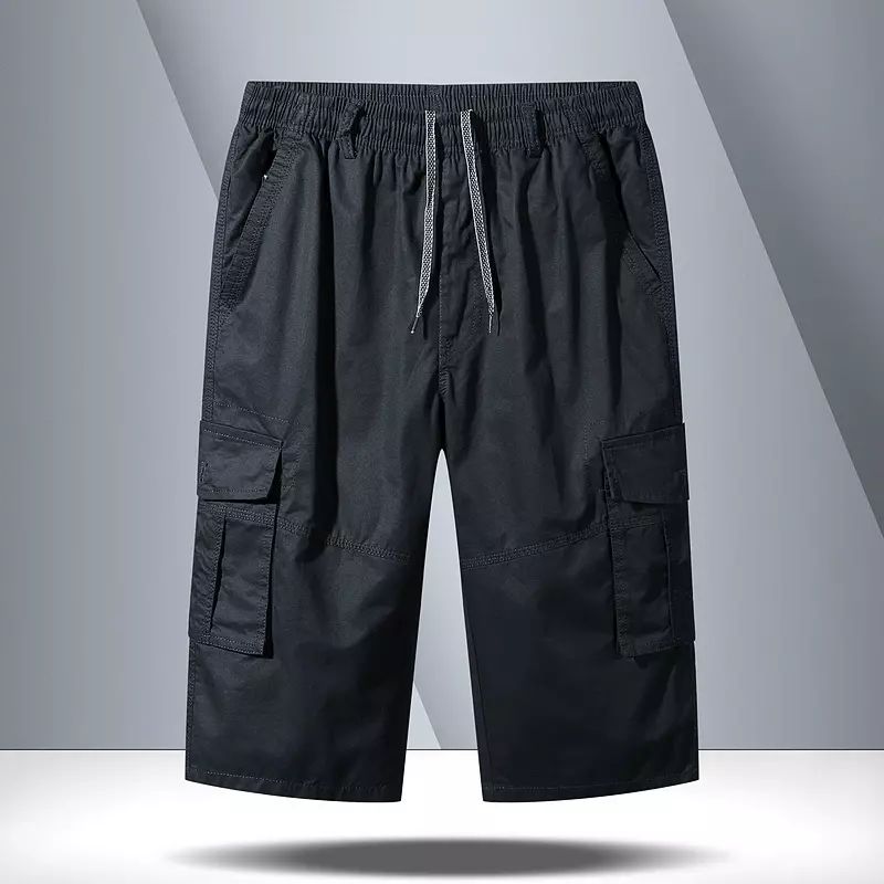 Washed Cotton Cropped Pants Men's Summer Loose Straight Work Pants Multi-Pocket Casual Sports Shorts