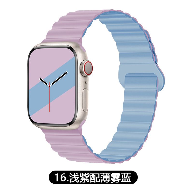適用Apple Watch 1-9代/SE 磁吸回環錶帶 雙色設計 運動防水 香港熱賣- 16淺紫配薄霧藍 適用蘋果：10代【42mm】