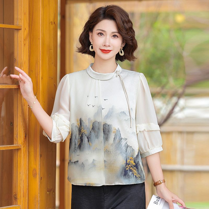 夏季新款中袖雪纺衫上衣妈妈装新款中老年女装气质假两件短袖