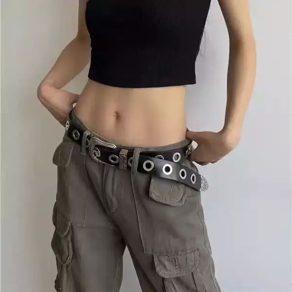 復古雕花頭y2k辣妹黑色pu皮帶免打孔休閒歐美銀扣寬腰帶男女同款