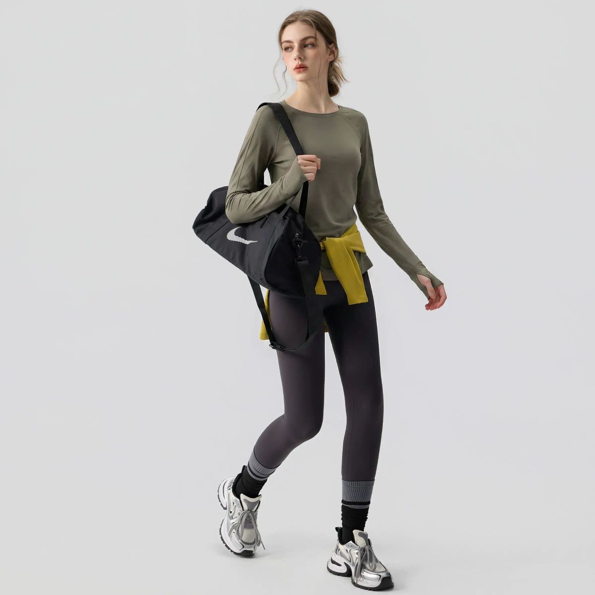 Women s Yoga Wear 2026 New Loose Round Neck Long Sleeve Sli Khaki brown top   gray purple yoga pant