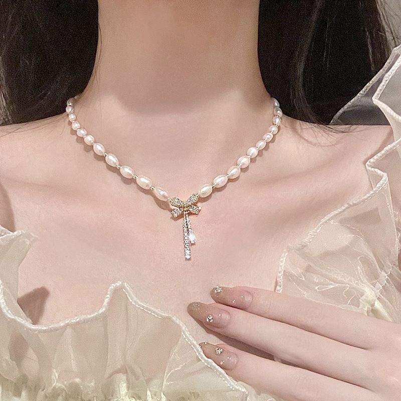 碎銀水晶心形珍珠串珠頸鏈 甜酷風小眾設計感鎖骨鏈 時尚項飾女- 18#X2866-珍珠玫瑰花 均碼