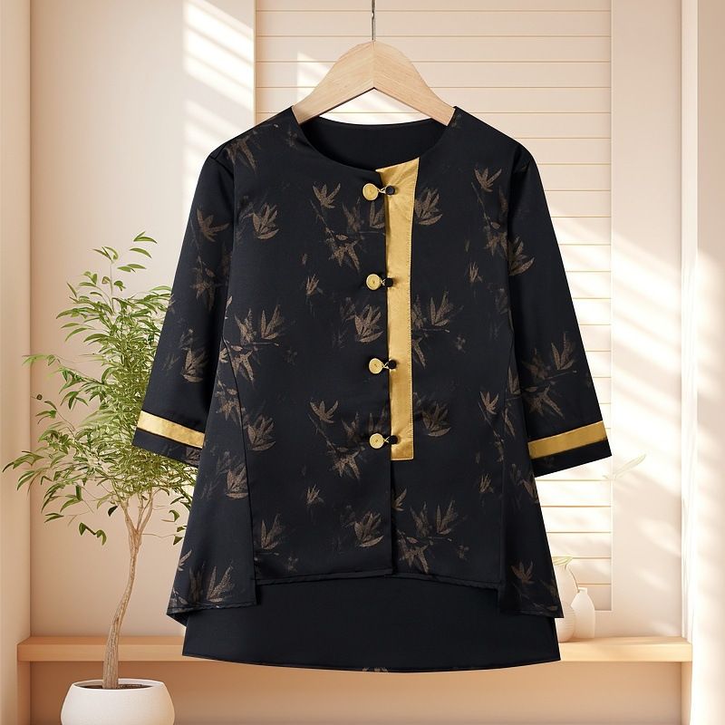 plus size mother's summer national style shirt new acetate imitation cloud vintage disc buckle